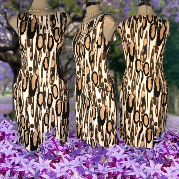 *New* TAHARI Leopard Black Beige and White Sleeveless Sheath Side Pockets Size 8 - Picture 2 of 16